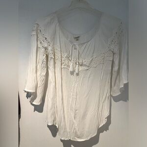 Women’s XXL White Flutter Sleeve Blouse with Tassel Ties